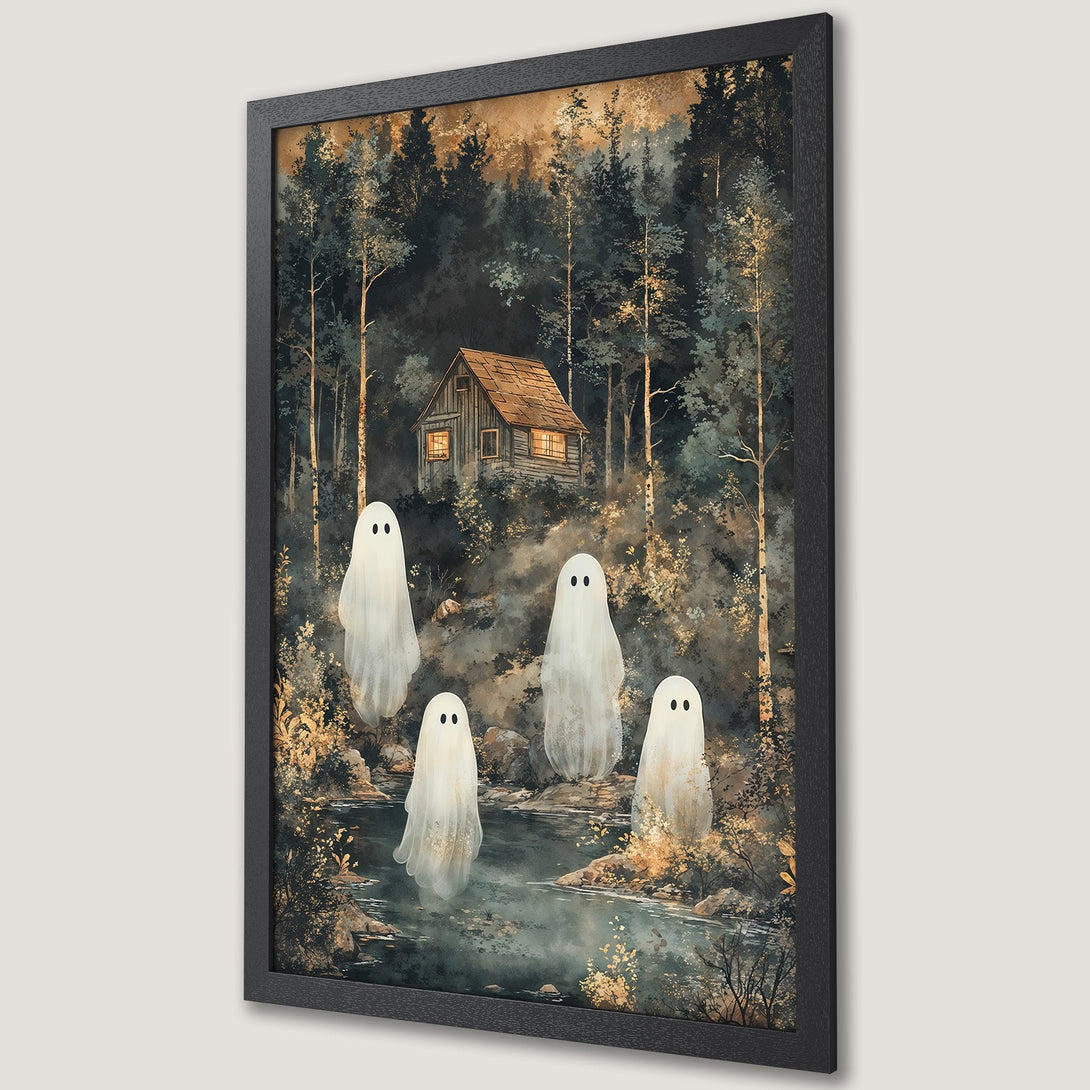 Framed Poster featuring a spooky forest scene with ghosts, in a watercolor style with a dark teal and gold color palette.