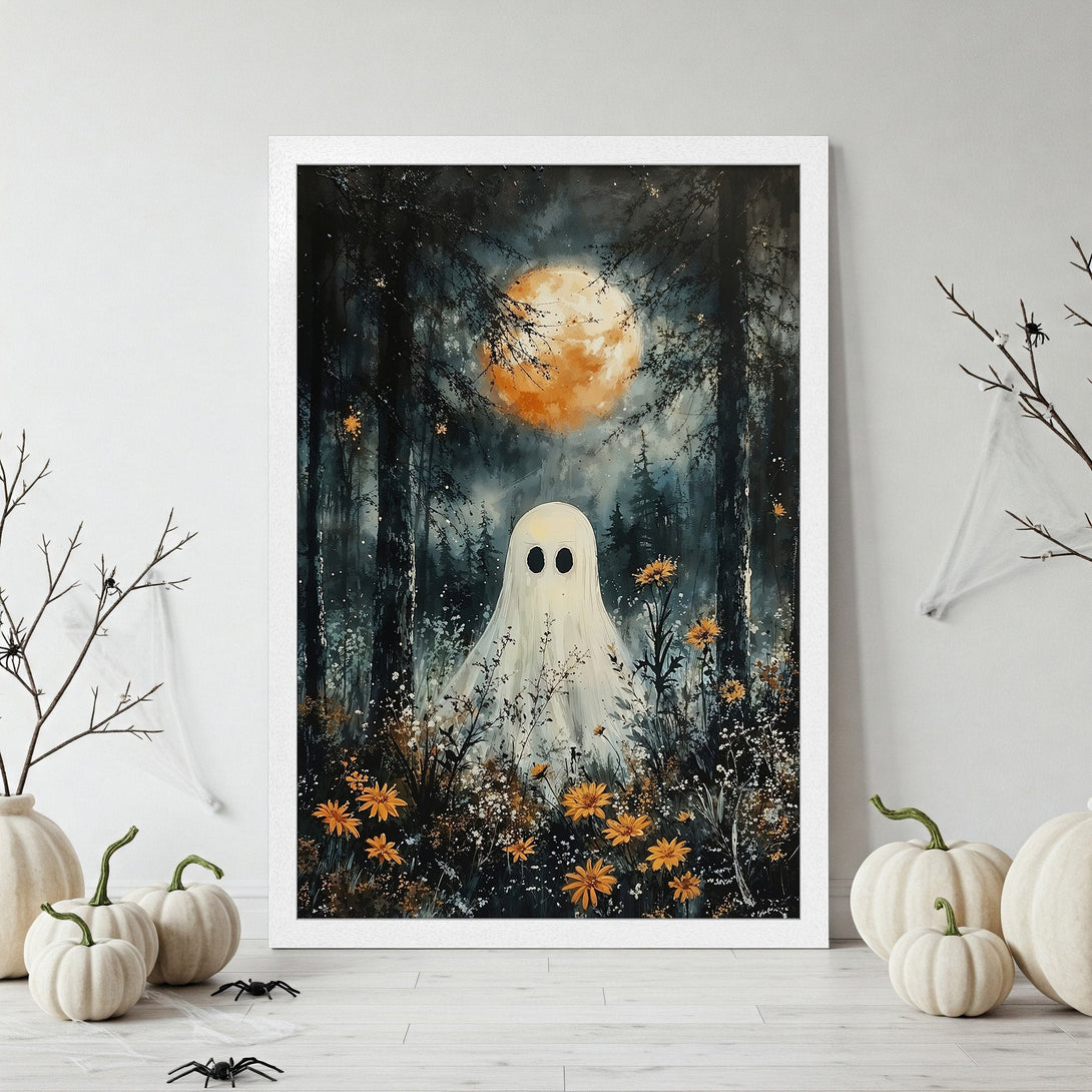 Framed Poster featuring a whimsical ghost in a dark forest with an orange moon, in a moody, painterly style with a dark and orange color palette.
