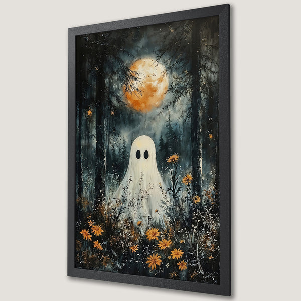 Framed Poster featuring a whimsical ghost in a forest scene with a full moon. Dark, moody style with orange and blue color palette. Perfect Halloween decor!