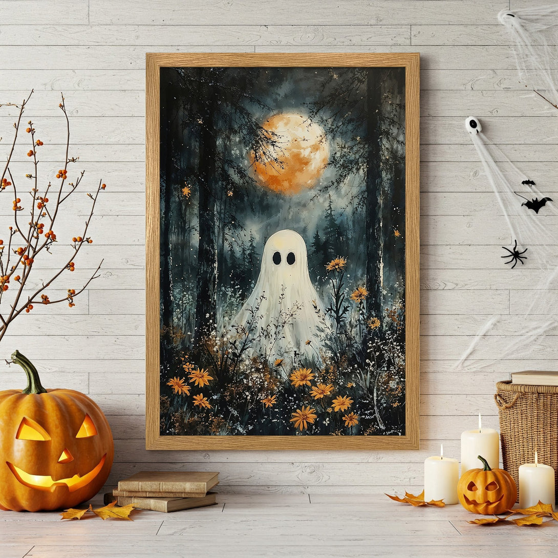 Framed Poster: Spooky ghost art in a dark forest with orange moon. Perfect Halloween decor, watercolor style, dark blue and orange palette.