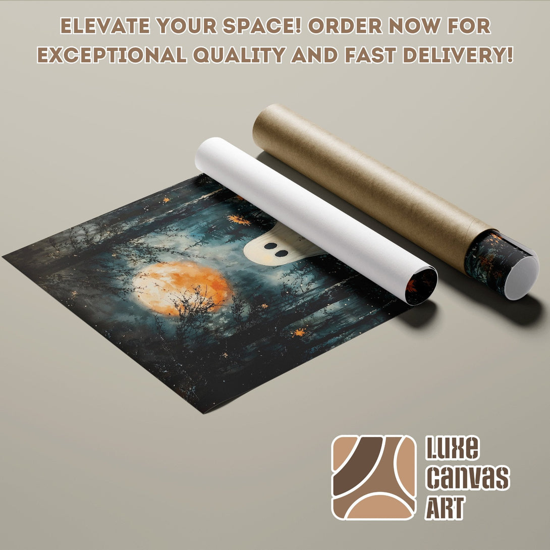 Poster Roll featuring a spooky night scene with a ghost, dark blues, oranges, and black. Elevate your space!