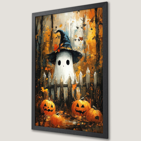 Framed Poster featuring a spooky ghost in a witch hat, pumpkins, and autumn foliage. Artistic style with a warm orange and black color palette.