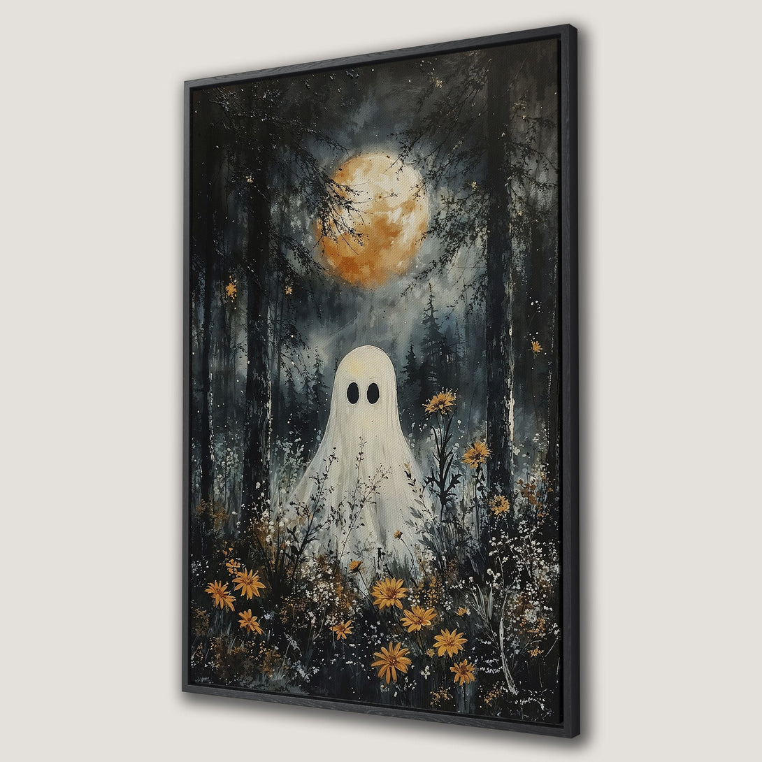 Framed Wall Art featuring a whimsical ghost in a forest with a full moon. Dark, moody color palette with pops of yellow. Perfect Halloween decor!