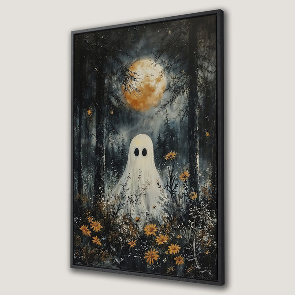 Framed Wall Art featuring a whimsical ghost in a forest with a full moon. Dark, moody color palette with pops of yellow. Perfect Halloween decor!