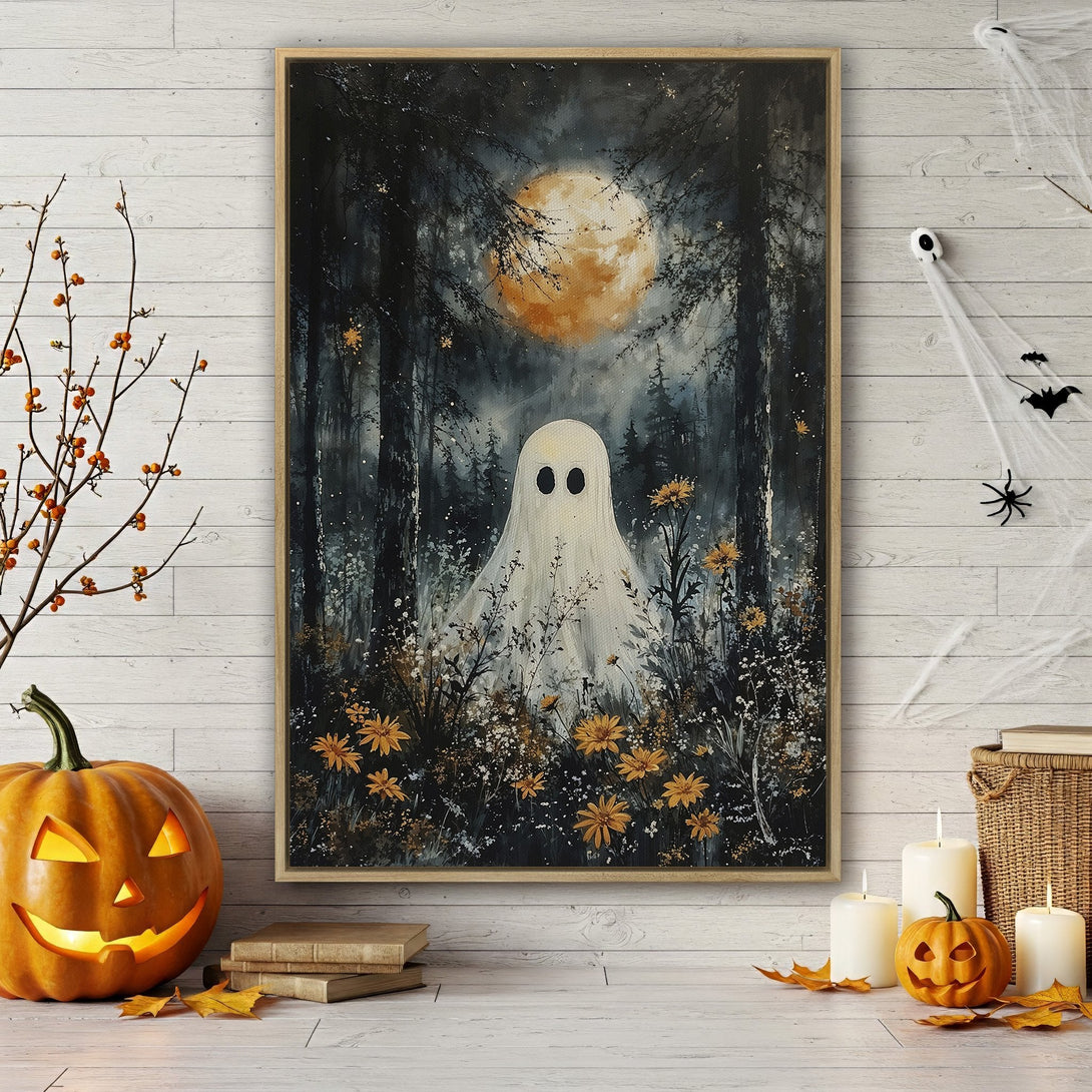 Framed Wall Art featuring a spooky ghost in a dark forest scene. Halloween-themed canvas print with a muted, earthy color palette. Perfect for fall decor!