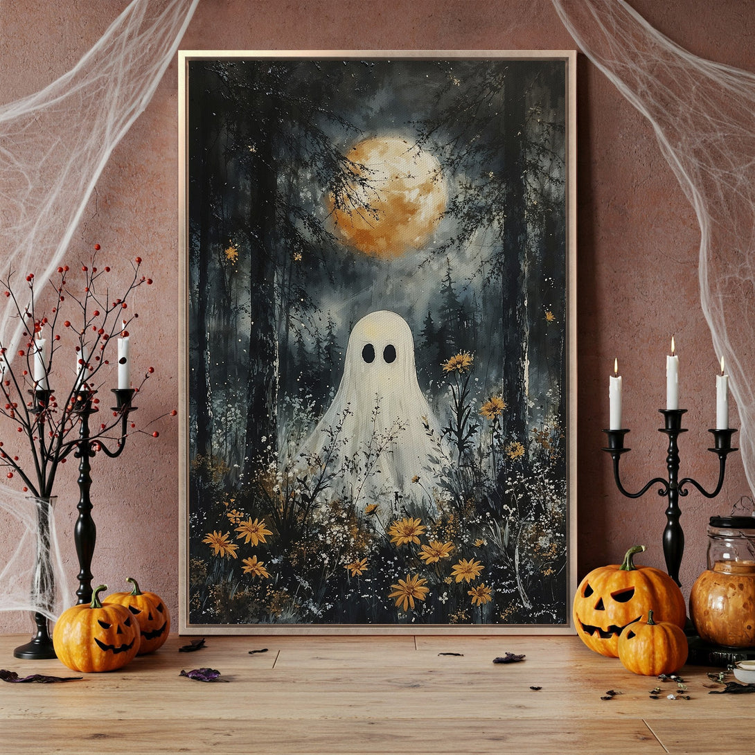 Framed Wall Art: Spooky ghost in a forest scene, dark and moody color palette, perfect for Halloween decor.