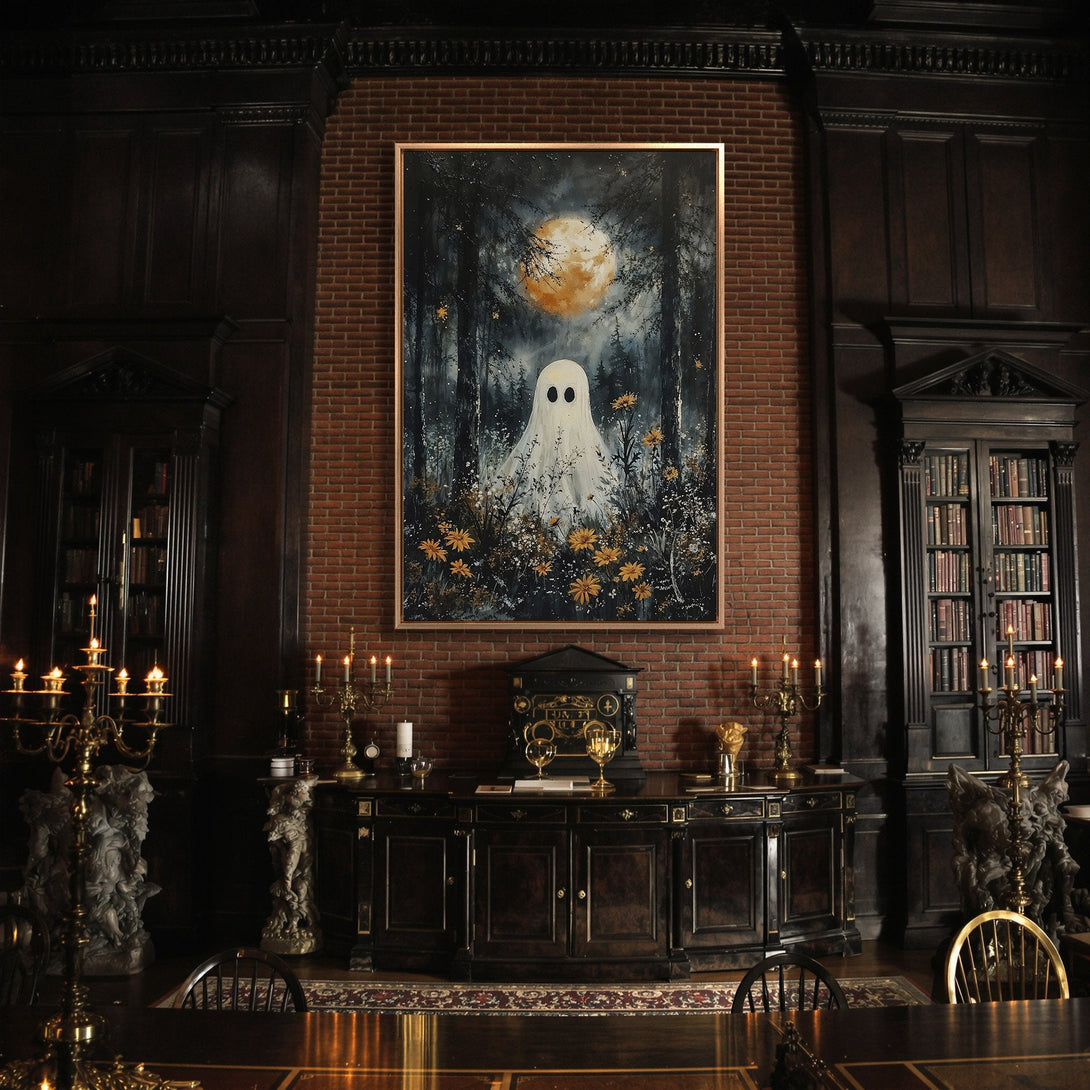 Framed Wall Art: Spooky ghost painting in a dark, moody interior. Features a forest scene with a white ghost, moon, and yellow flowers. Perfect Halloween decor!