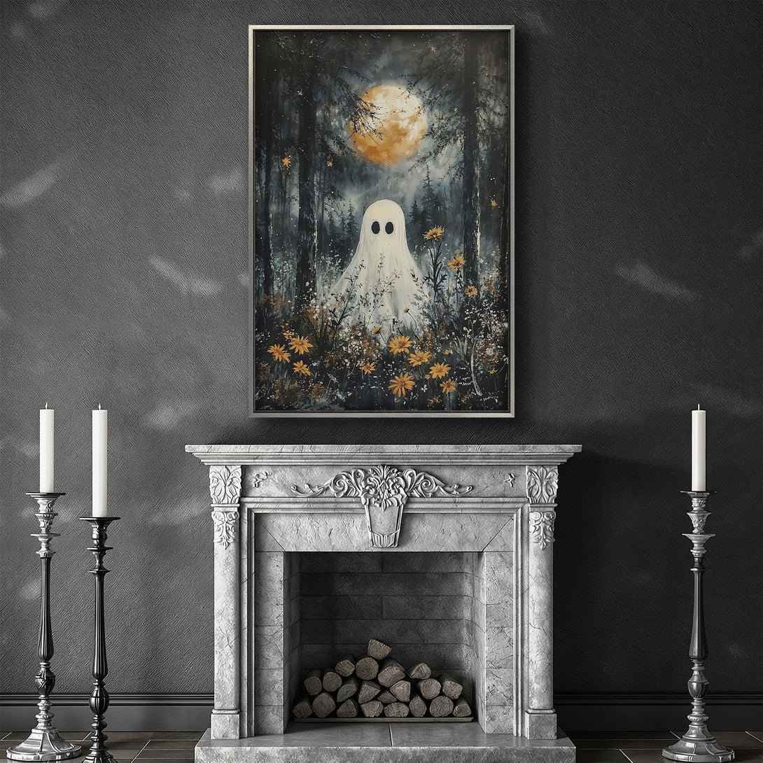 Framed Wall Art: Spooky ghost in a forest scene with a moon. Dark, moody color palette with pops of yellow. Perfect Halloween decor!