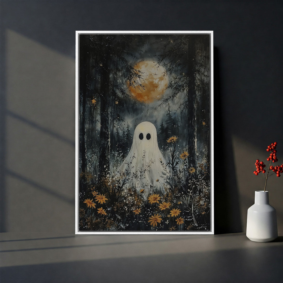 Framed Wall Art: Spooky ghost in a forest painting with a moody, dark color palette. Perfect for adding a touch of Halloween charm to your home decor.