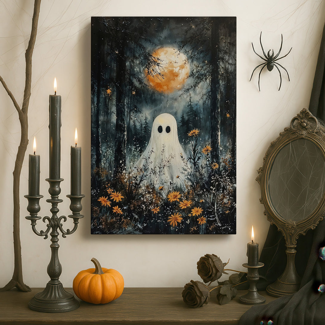Framed Wall Art: Spooky ghost painting in a dark, moody interior. Features a whimsical ghost in a forest with a moon, using a dark, earthy color palette.