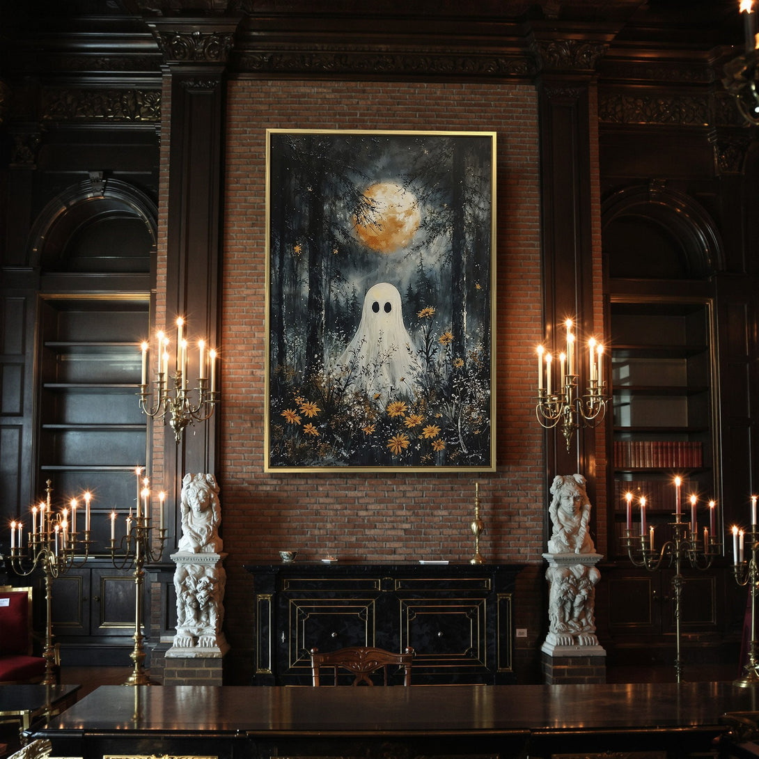 Canvas Print featuring a spooky ghost in a forest, with a dark, moody color palette and a touch of orange. Perfect Halloween decor!