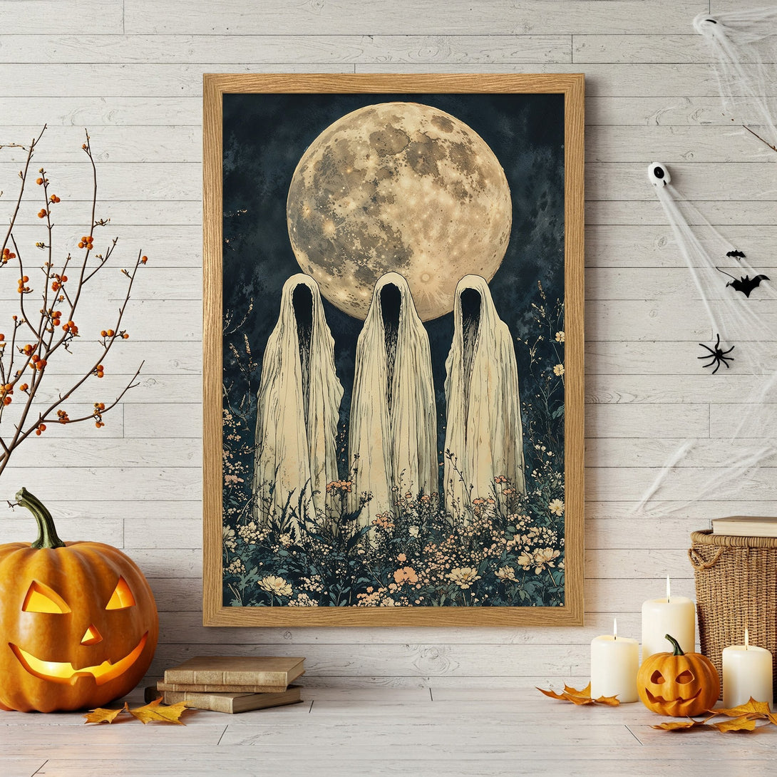 Framed Poster featuring spooky ghosts under a full moon, vintage style, with a moody, dark color palette, perfect Halloween decor.