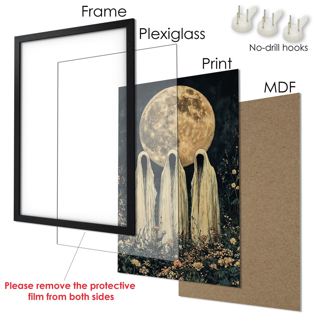 Framed Poster featuring a surreal, gothic art style with a moon and figures in a dark, moody color palette. Perfect for wall decor!