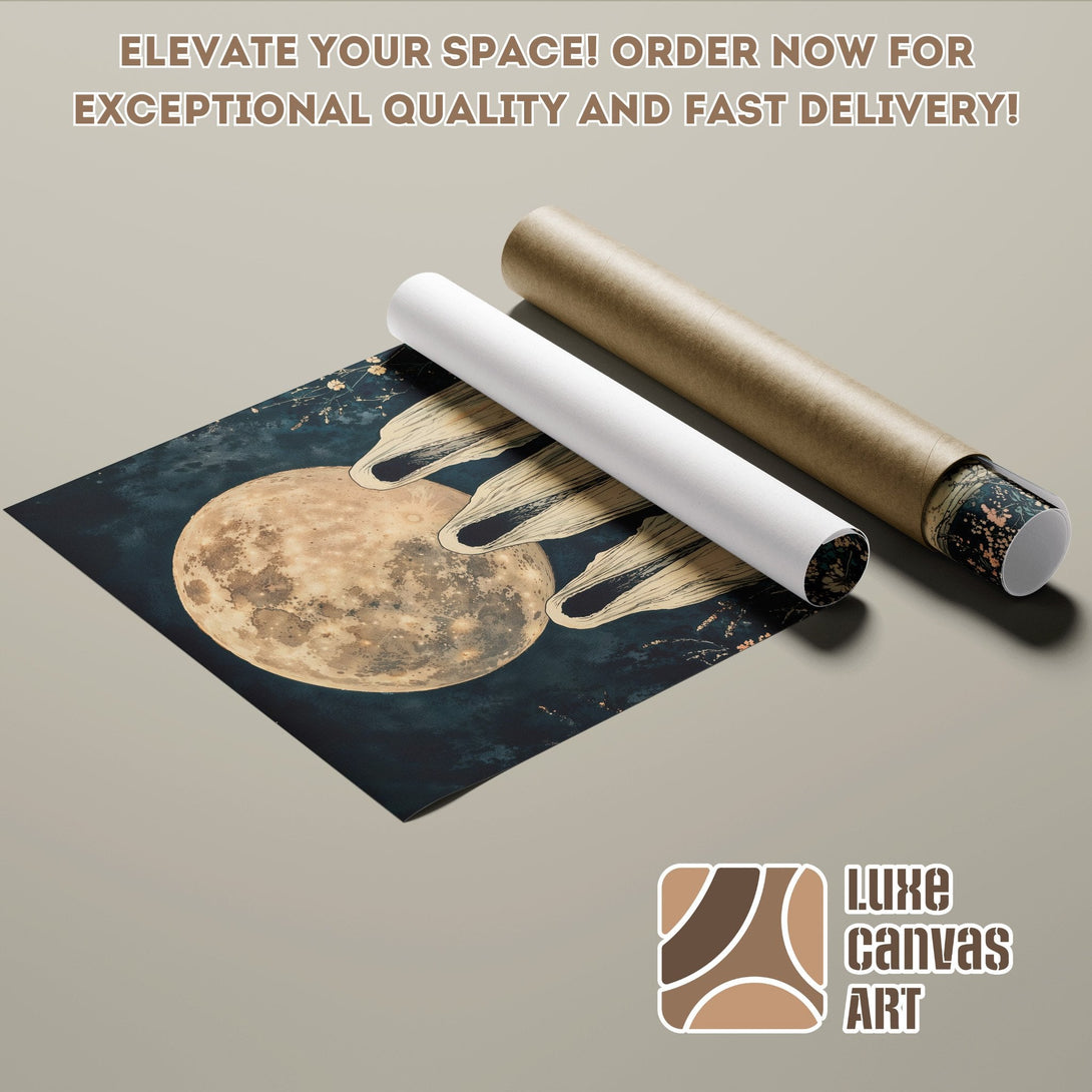 Poster Roll featuring a celestial design with a dark blue and gold color palette. Elevate your space with art!