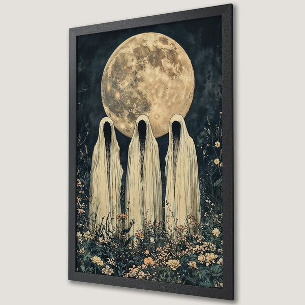 Framed Poster featuring a surreal illustration of hooded figures, a full moon, and flowers in a dark, moody color palette.