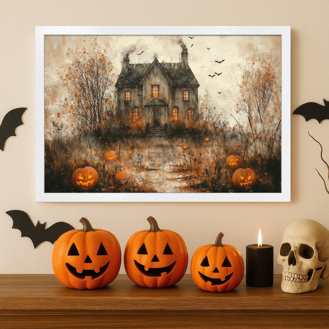 Framed Poster: Spooky Halloween house art print in watercolor style, warm orange and brown tones. Perfect fall decor!