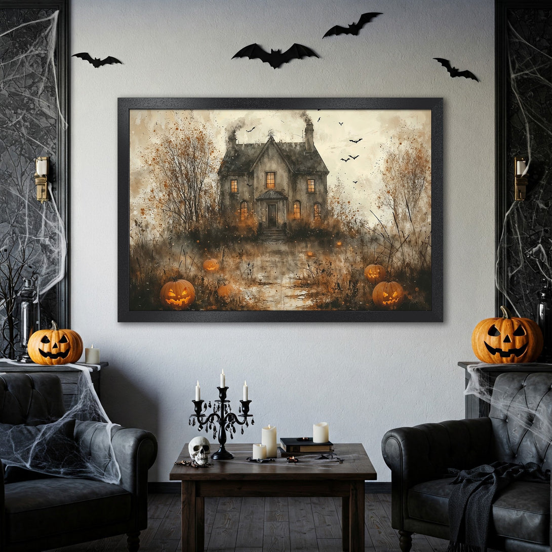 Framed Poster featuring a spooky Halloween house scene in watercolor style, with orange and brown color palette. Perfect for seasonal decor!