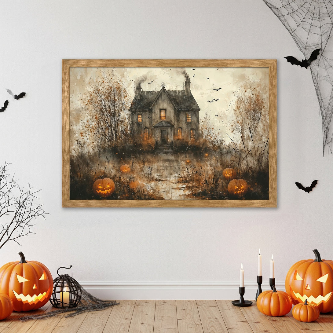 Framed Poster featuring a spooky watercolor house scene in a warm, autumnal color palette. Perfect Halloween decor!
