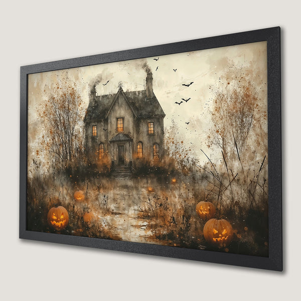 Framed Poster of a spooky Halloween house with pumpkins, bats, and fall colors. Watercolor style art print for seasonal decor.