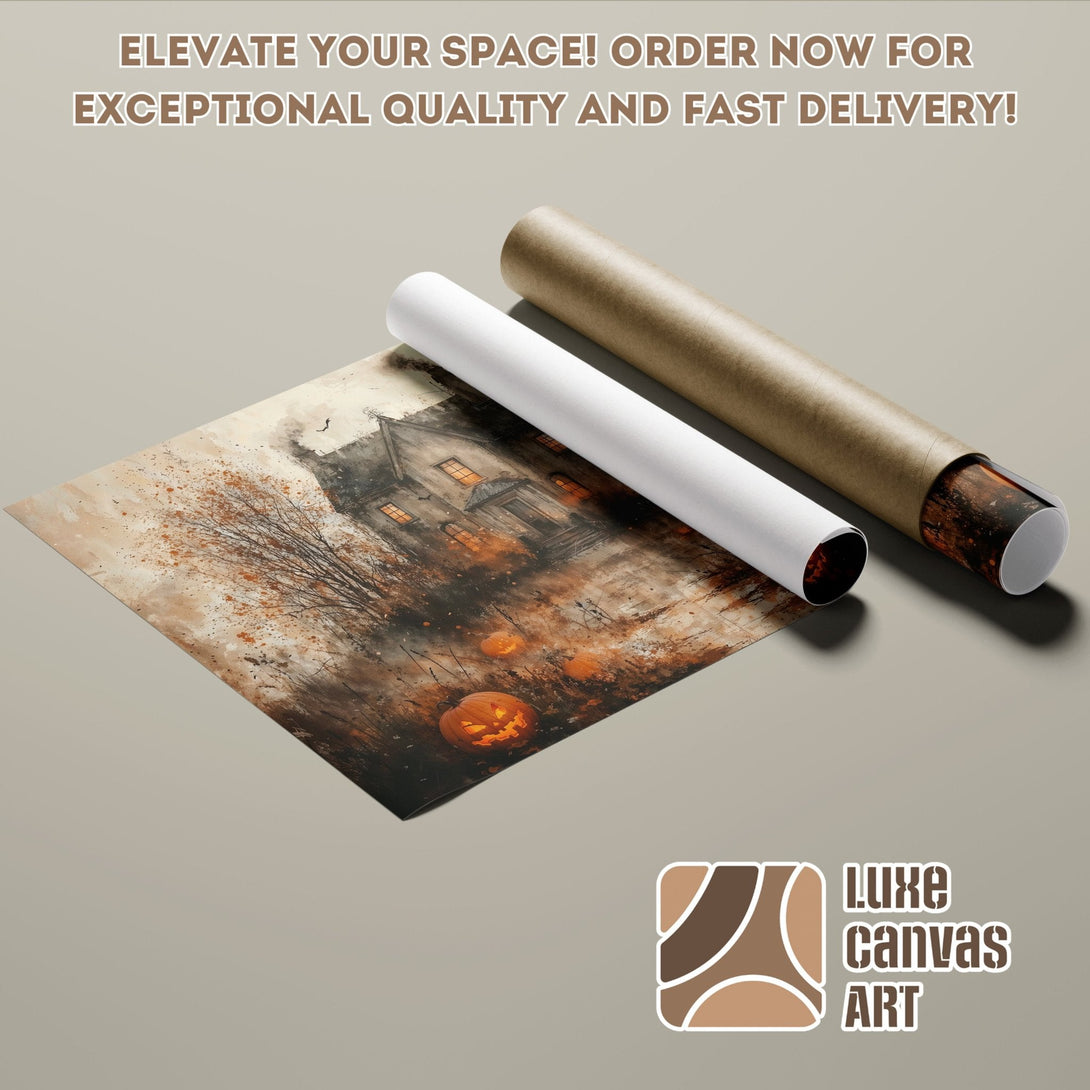 Halloween Poster Roll, watercolor style, featuring a spooky house and pumpkins, warm autumn color palette.