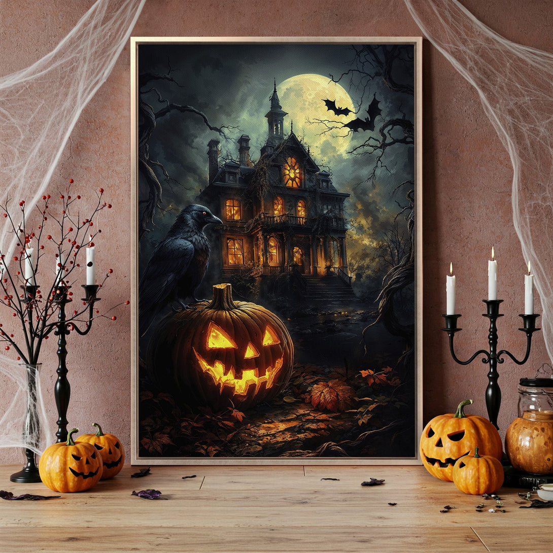 Framed Wall Art: Spooky Halloween scene with haunted house, raven, and glowing pumpkin. Dark, moody color palette. Perfect for seasonal decor.