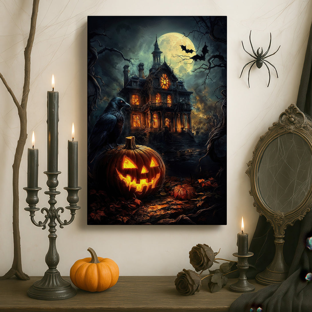 Framed Wall Art: Spooky Halloween scene with haunted house and jack-o-lantern. Dark, moody palette with golds and blacks. Perfect for Halloween decor!