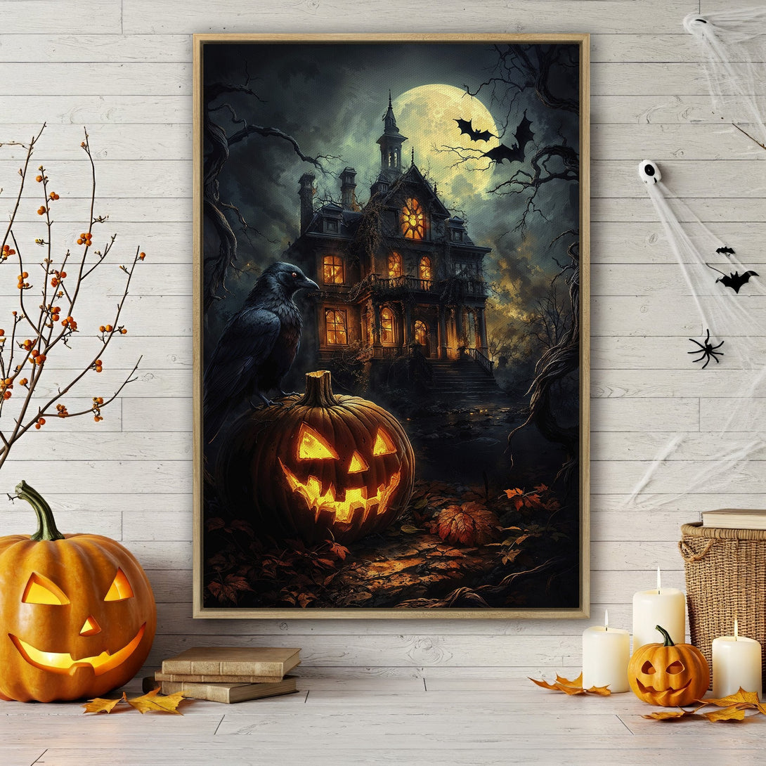 Framed Wall Art: Spooky Halloween scene with a haunted house, raven, and jack-o'-lantern. Rich, dark color palette perfect for seasonal decor.