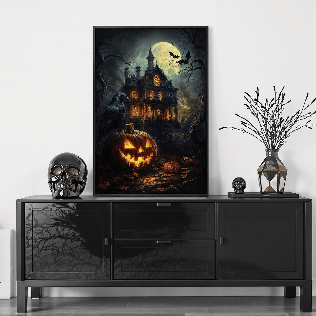 Framed Wall Art: Spooky Halloween scene with haunted house, pumpkin, and raven. Dramatic, dark color palette perfect for seasonal decor.