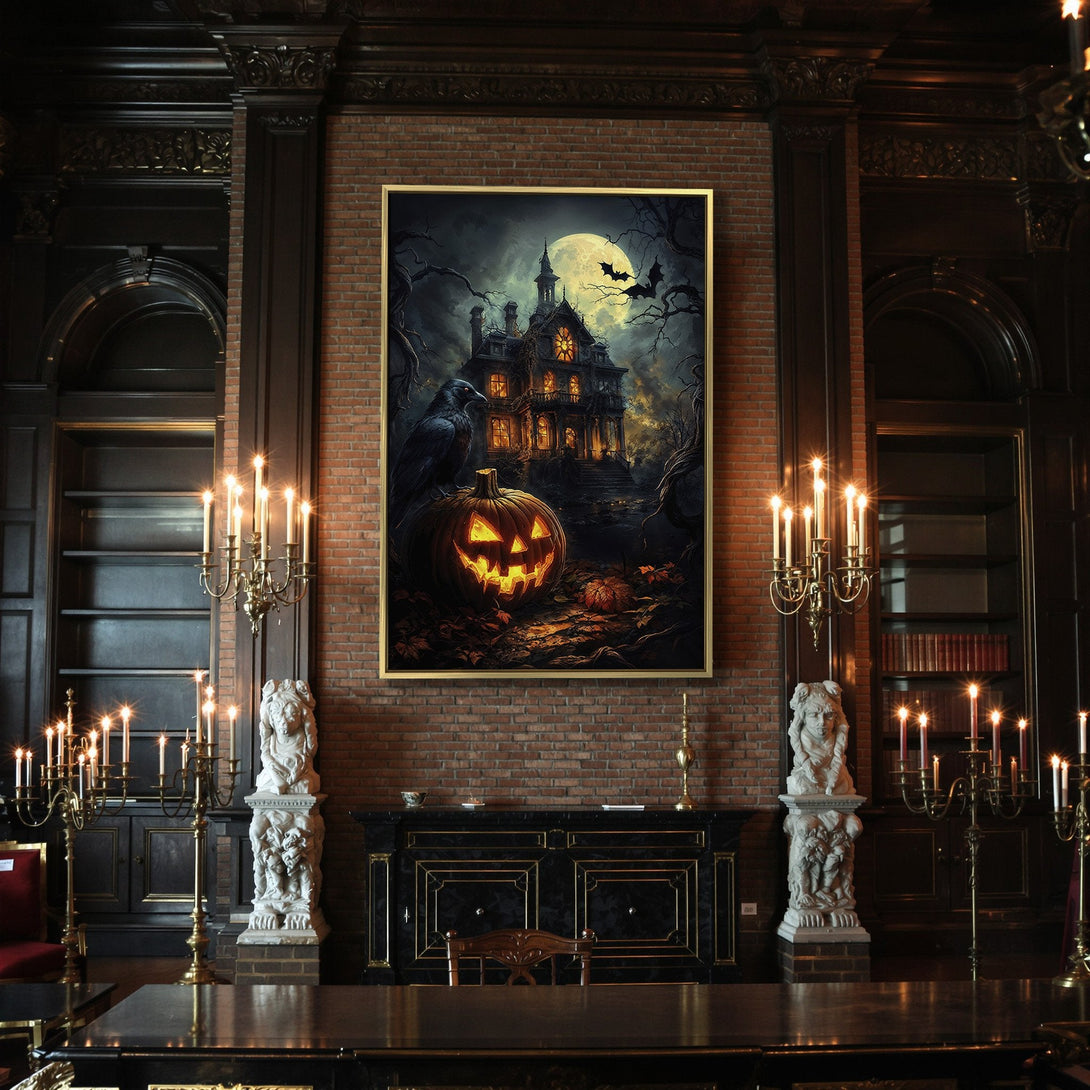 Canvas Print: Spooky Halloween art featuring a haunted house, raven, and jack-o'-lantern. Dark, moody color palette perfect for seasonal decor.