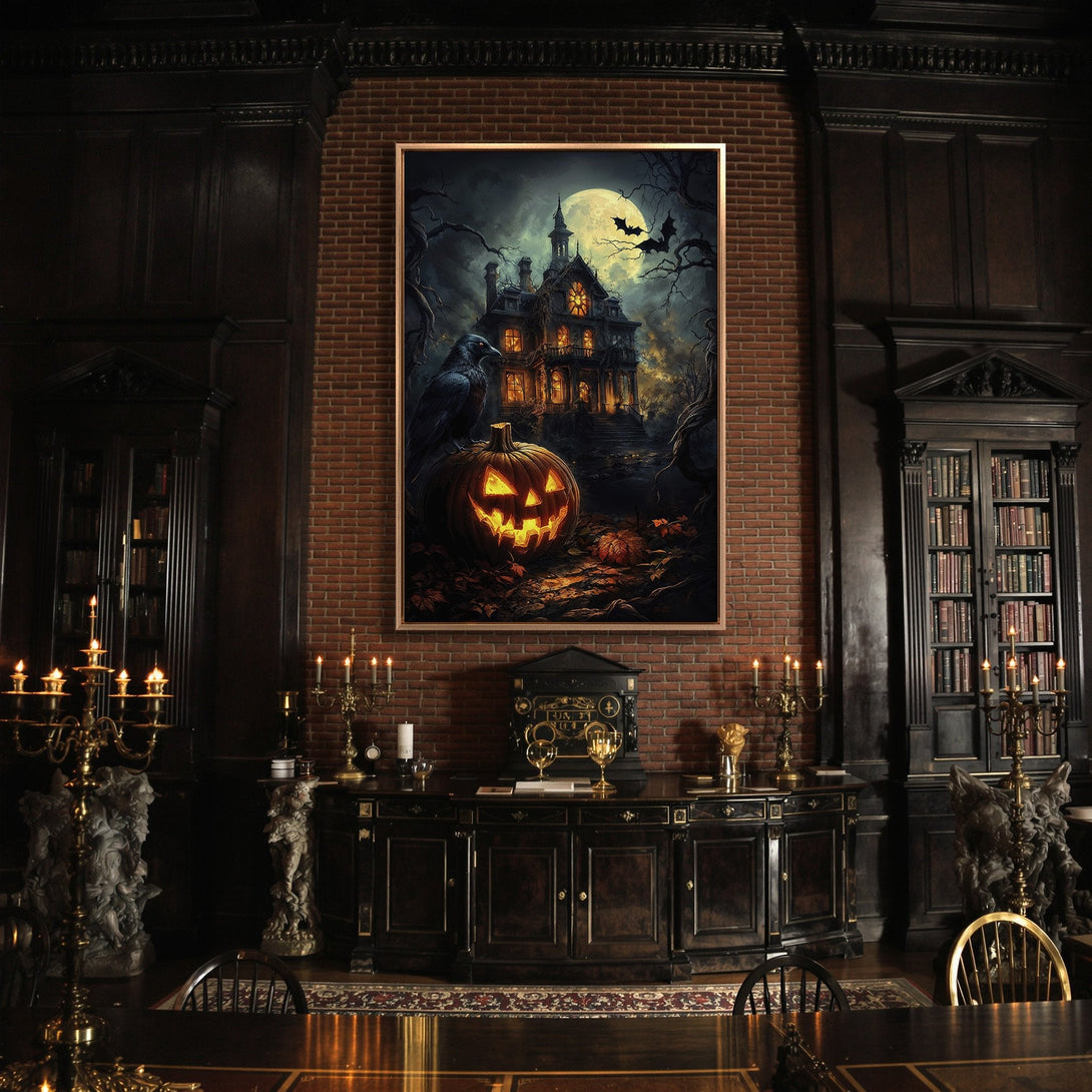 Framed Wall Art featuring a spooky Halloween scene with a haunted house, pumpkin, and raven. Dark, moody color palette perfect for seasonal decor.