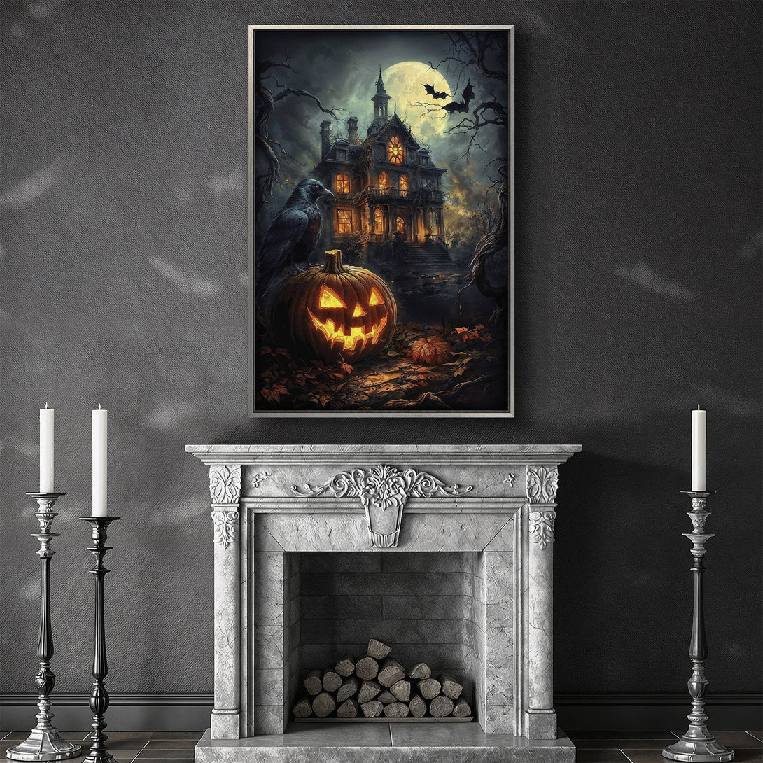 Framed Wall Art: Spooky Halloween scene with a haunted house, glowing pumpkin, and raven. Dark, moody color palette perfect for adding a touch of Halloween spirit.