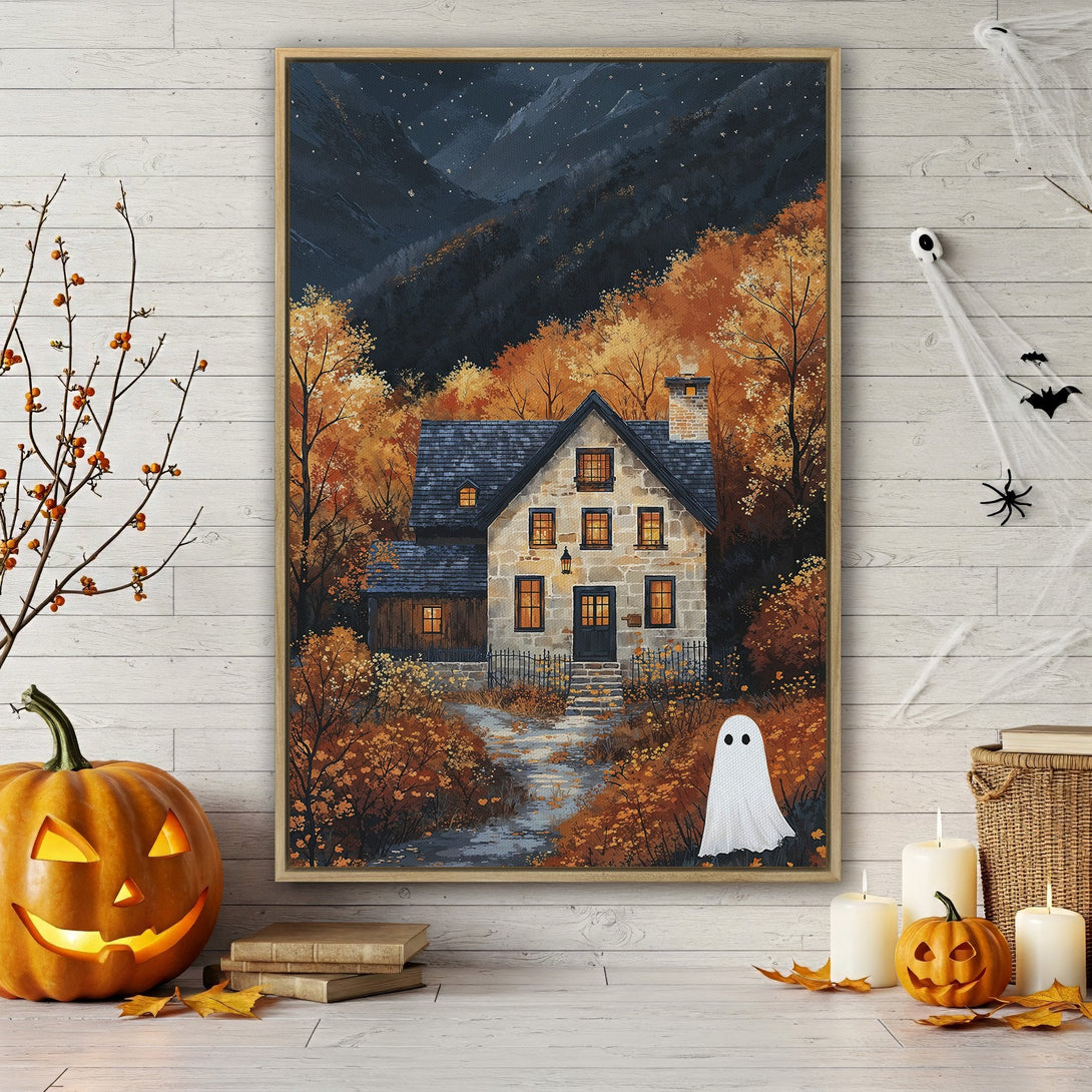 Framed Wall Art of a cozy cottage in autumn colors. Warm, inviting landscape painting perfect for Halloween decor. Rich orange and deep blue hues.