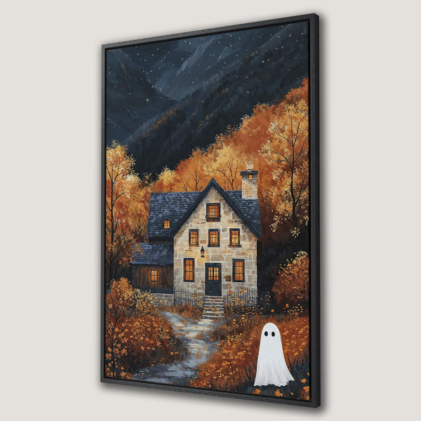 Framed Wall Art of a spooky cottage scene in autumn colors. Features a ghost. Perfect for Halloween decor. Warm orange, brown, and dark blue palette.