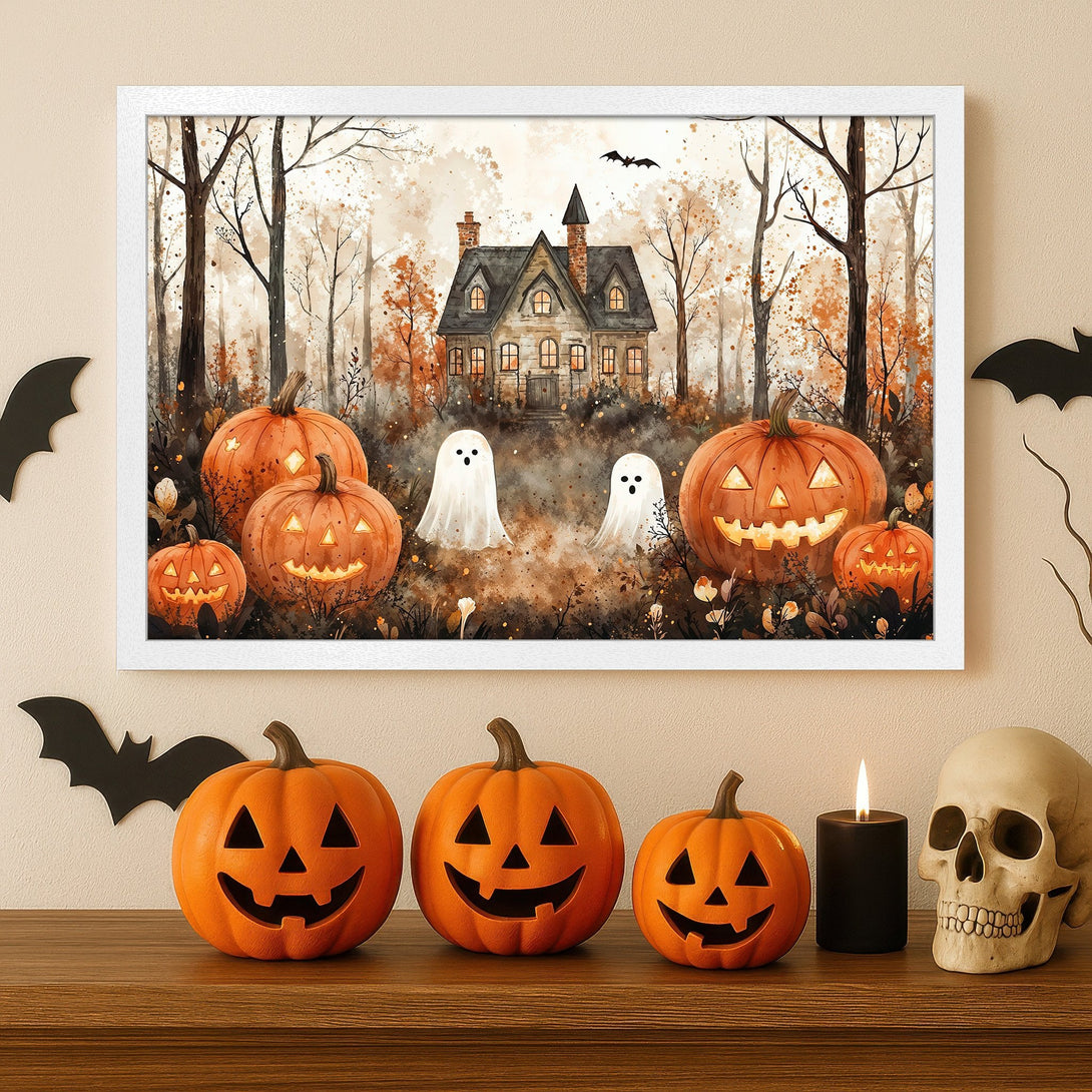 Framed Poster: Spooky Halloween scene with pumpkins, ghosts, and haunted house. Watercolor style, warm orange and brown tones.