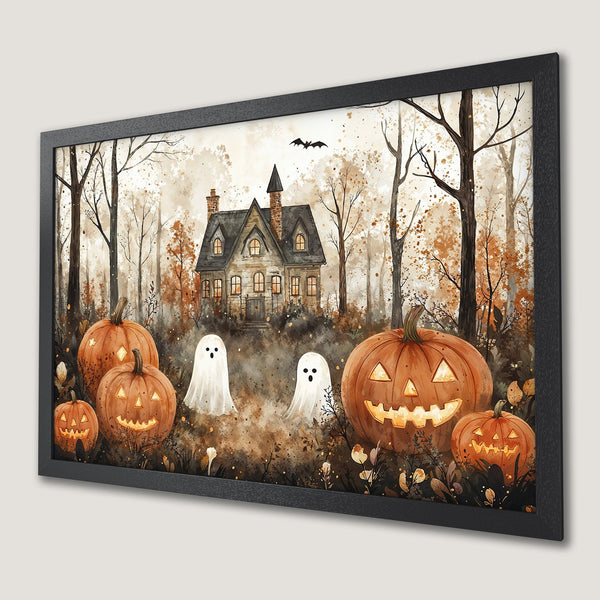 Framed Poster of a spooky Halloween scene with pumpkins, ghosts, and a haunted house, in watercolor style with orange and brown tones.