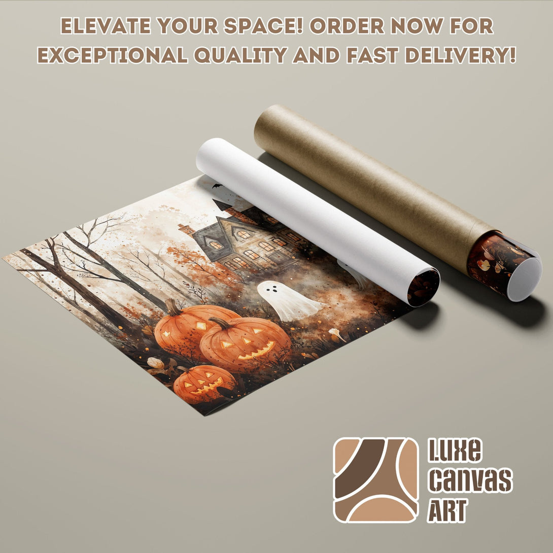 Halloween Poster Roll featuring pumpkins & spooky house, watercolor style, warm color palette.