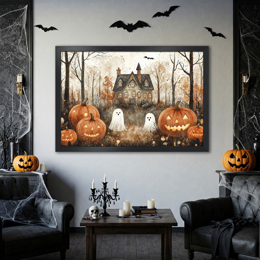 Framed Poster featuring a spooky Halloween scene with pumpkins, ghosts, and a haunted house in warm autumnal colors. Perfect for Halloween decor!