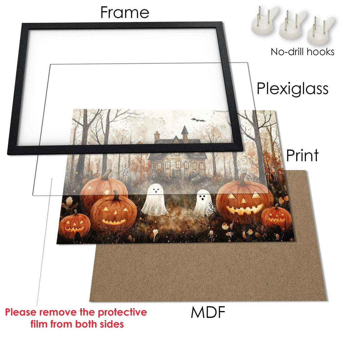 Framed Poster featuring a spooky Halloween scene with pumpkins and ghosts, in a watercolor style with warm autumnal tones.