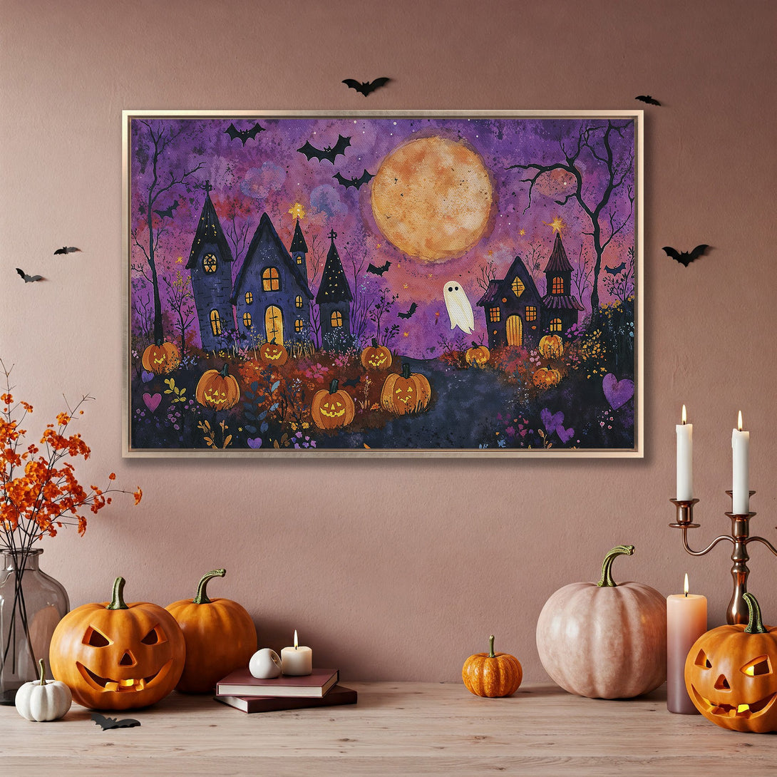 Framed Wall Art: Spooky Halloween scene with pumpkins, houses, and bats in a watercolor style. Purple and orange color palette.