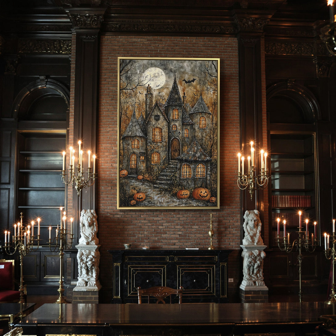 Canvas Print of a spooky Halloween castle, featuring a dark, moody color palette with orange and grey tones. Perfect for Halloween decor!