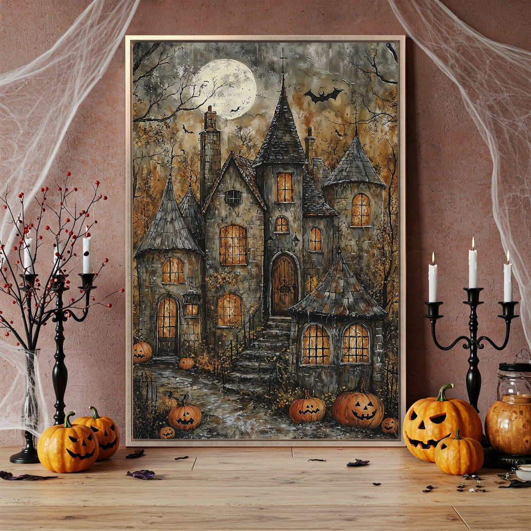Framed Wall Art: Spooky Halloween castle painting with warm orange and gray tones. Perfect for seasonal decor. Add a touch of mystery to your space!