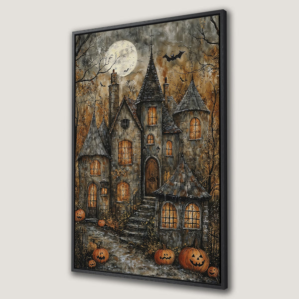 Framed Wall Art: Spooky Halloween castle painting with full moon, bats, and pumpkins. Warm, autumnal color palette. Perfect for seasonal decor.