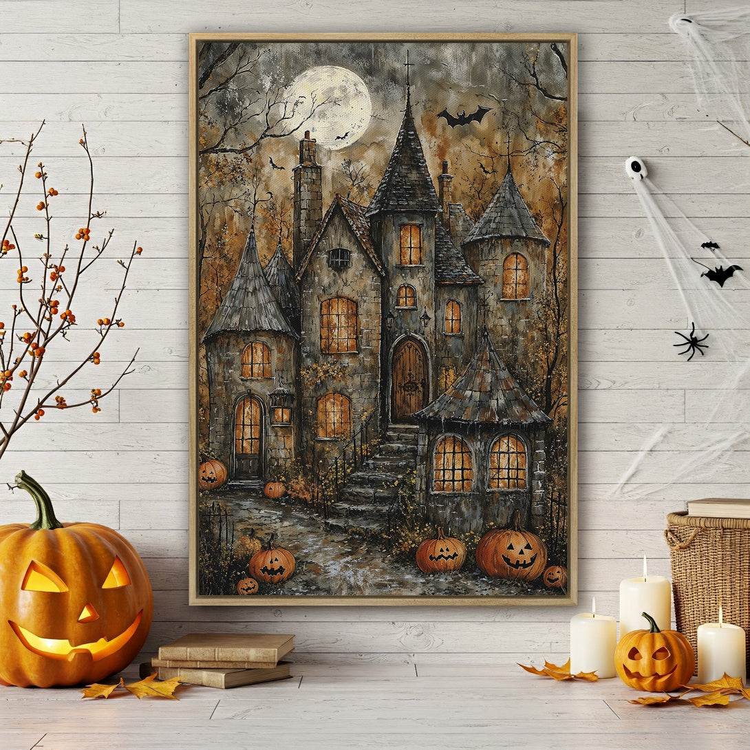 Framed Wall Art: Spooky Halloween castle canvas print, featuring a gothic style with a warm, autumnal color palette. Perfect for seasonal decor!