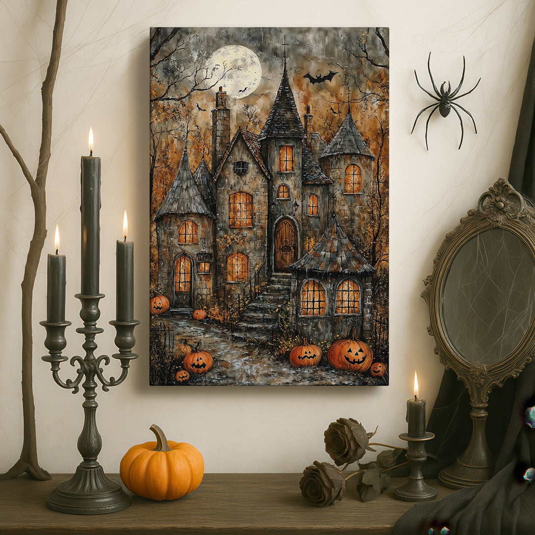Framed Wall Art: Spooky Halloween haunted house painting in a gothic style, with a warm, autumnal color palette. Perfect for fall decor!
