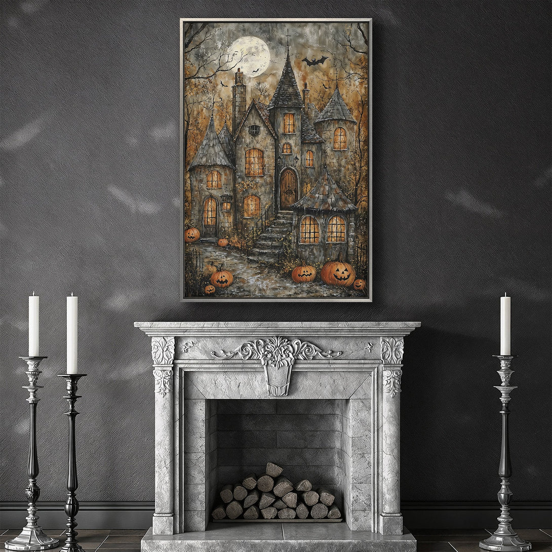Framed Wall Art: Spooky Halloween castle painting in warm orange and gray tones. Perfect for adding a touch of eerie charm to your home decor!