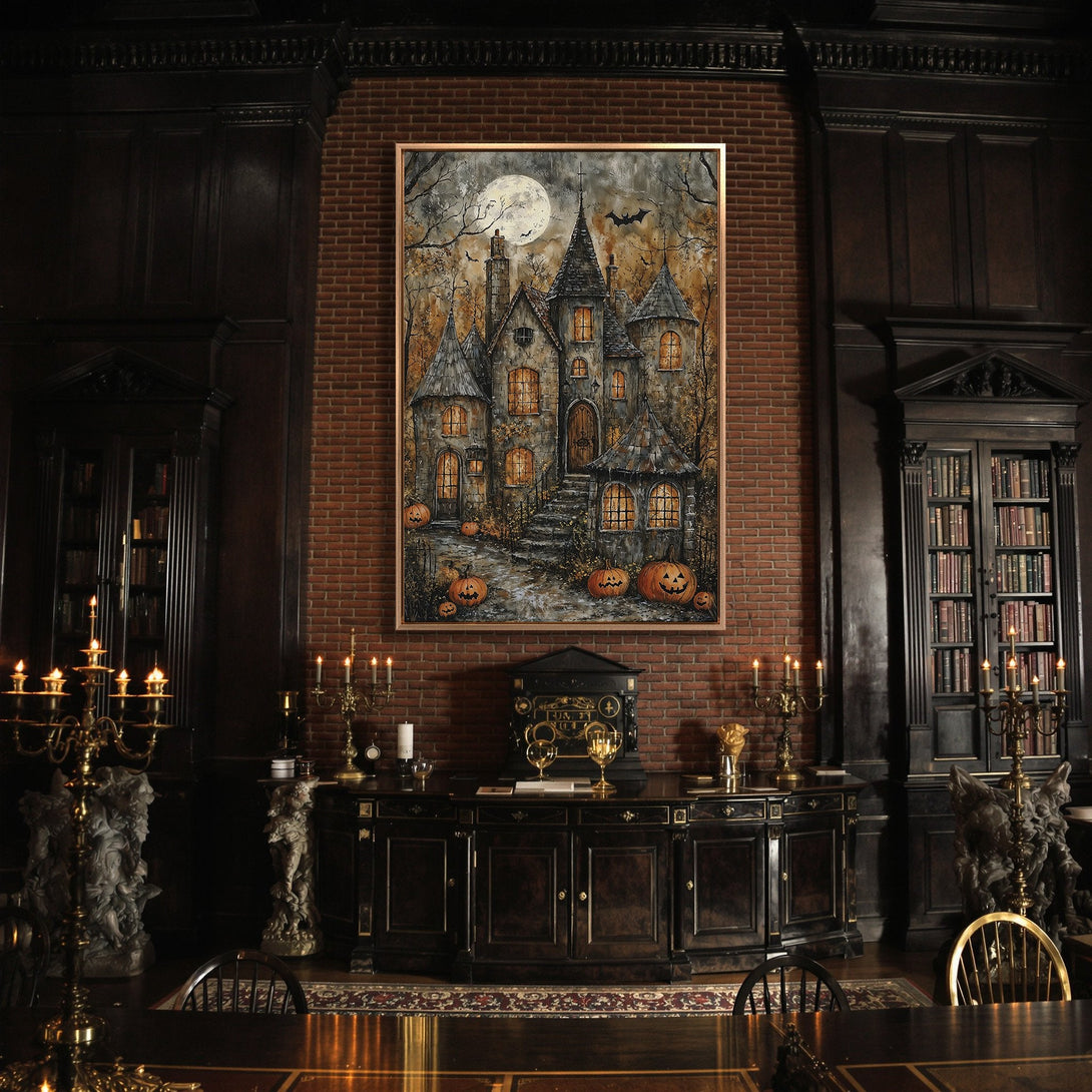 Framed Wall Art: Spooky Halloween castle painting with warm orange, gray, and black tones. Gothic style canvas print perfect for fall decor.