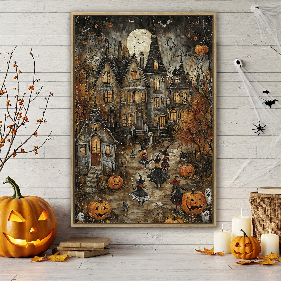Framed Wall Art: Spooky Halloween scene with haunted house, witches, and pumpkins. Warm, autumnal color palette. Perfect for adding a festive touch to your home!