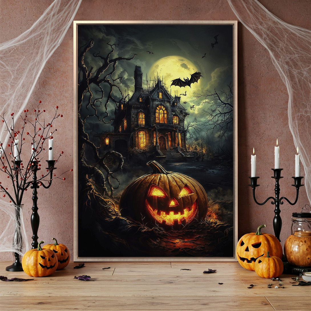 Framed Wall Art: Spooky Halloween scene with a haunted house, jack-o'-lantern, and bats. Dark, atmospheric painting with orange, black, and gray tones. Perfect for fall decor.