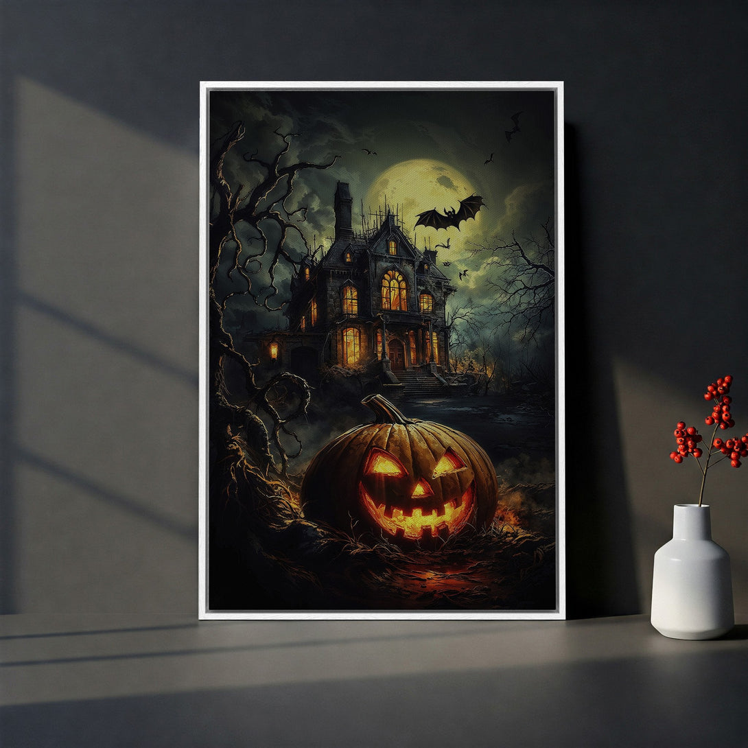 Framed Wall Art: Spooky Halloween scene with a haunted house and jack-o'-lantern. Dark, moody color palette with orange and black. Perfect for seasonal decor.