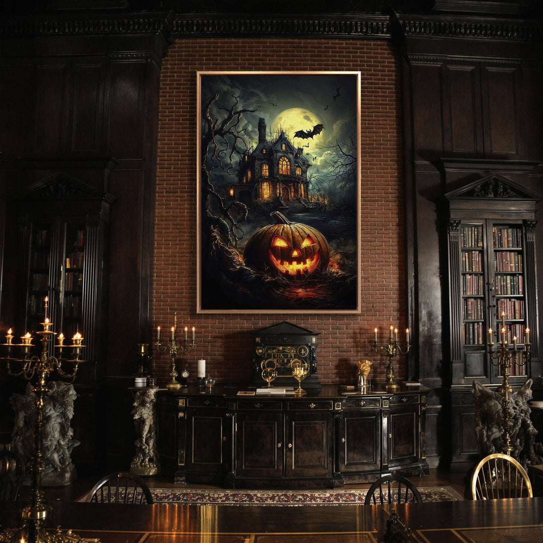 Framed Wall Art: Spooky Halloween scene with haunted house, pumpkin, and bats. Dark, moody color palette. Perfect for adding a touch of gothic style to your home.